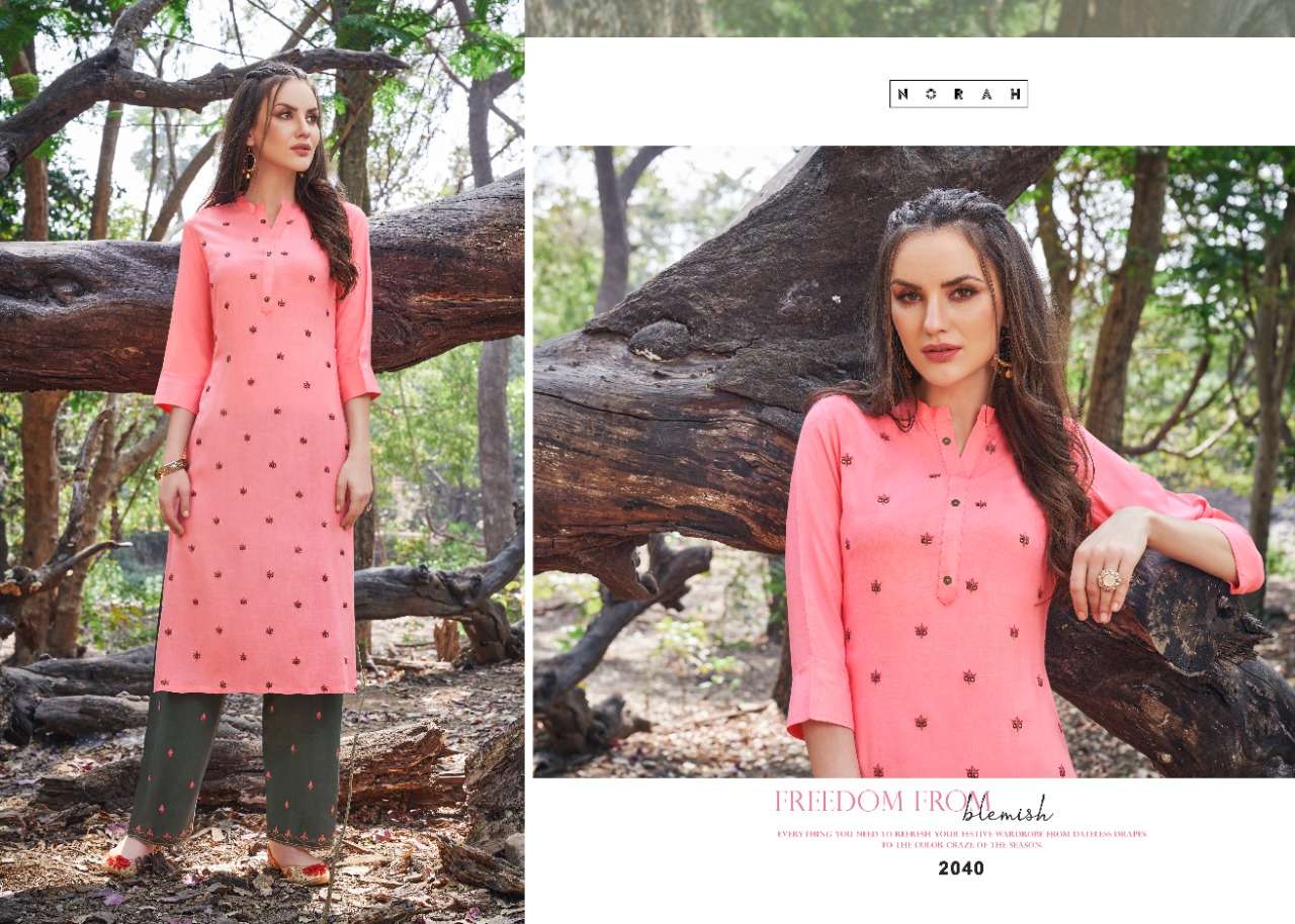 NIRVI BY NORAH 2038 TO 2041 SERIES STYLISH FANCY BEAUTIFUL COLORFUL CASUAL WEAR & ETHNIC WEAR RAYON SLUB EMBROIDERY KURTIS WITH BOTTOM AT WHOLESALE PRICE