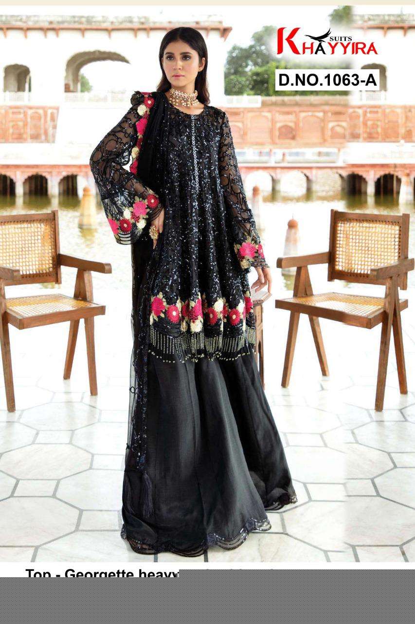 ELEONORA 1063 COLOURS BY KHAYYIRA 1063-A TO 1063-D SERIES BEAUTIFUL PAKISTANI SUITS COLORFUL STYLISH FANCY CASUAL WEAR & ETHNIC WEAR HEAVY GEORGETTE EMBROIDERED DRESSES AT WHOLESALE PRICE