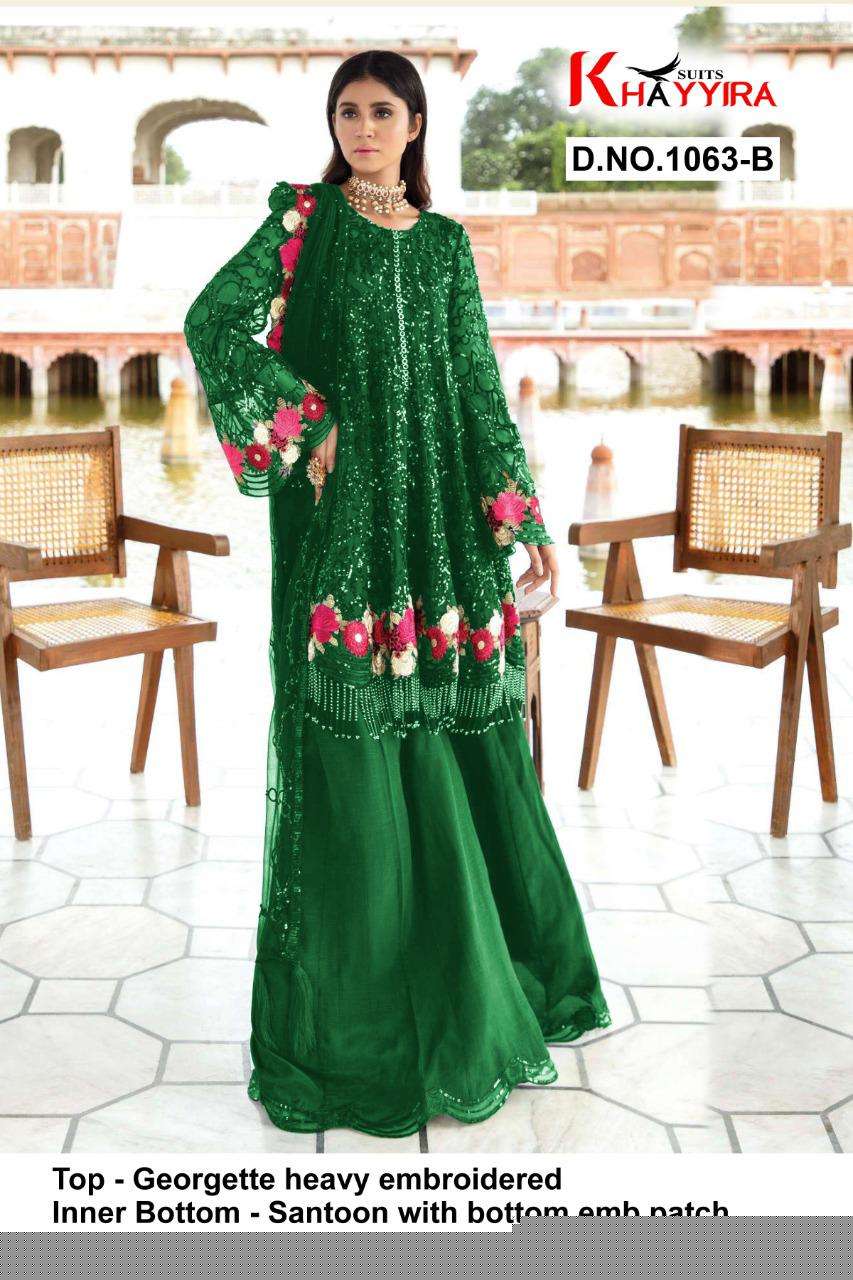 ELEONORA 1063 COLOURS BY KHAYYIRA 1063-A TO 1063-D SERIES BEAUTIFUL PAKISTANI SUITS COLORFUL STYLISH FANCY CASUAL WEAR & ETHNIC WEAR HEAVY GEORGETTE EMBROIDERED DRESSES AT WHOLESALE PRICE