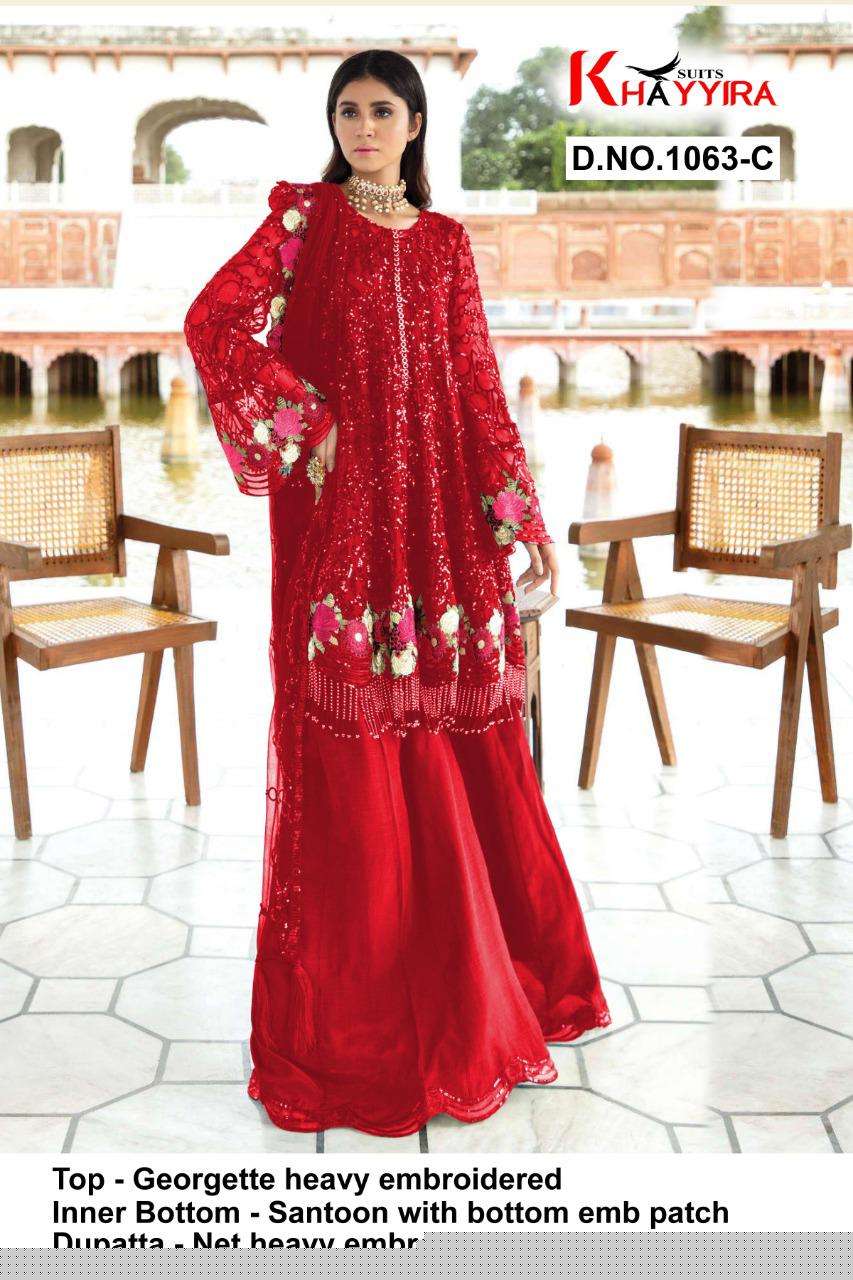 ELEONORA 1063 COLOURS BY KHAYYIRA 1063-A TO 1063-D SERIES BEAUTIFUL PAKISTANI SUITS COLORFUL STYLISH FANCY CASUAL WEAR & ETHNIC WEAR HEAVY GEORGETTE EMBROIDERED DRESSES AT WHOLESALE PRICE