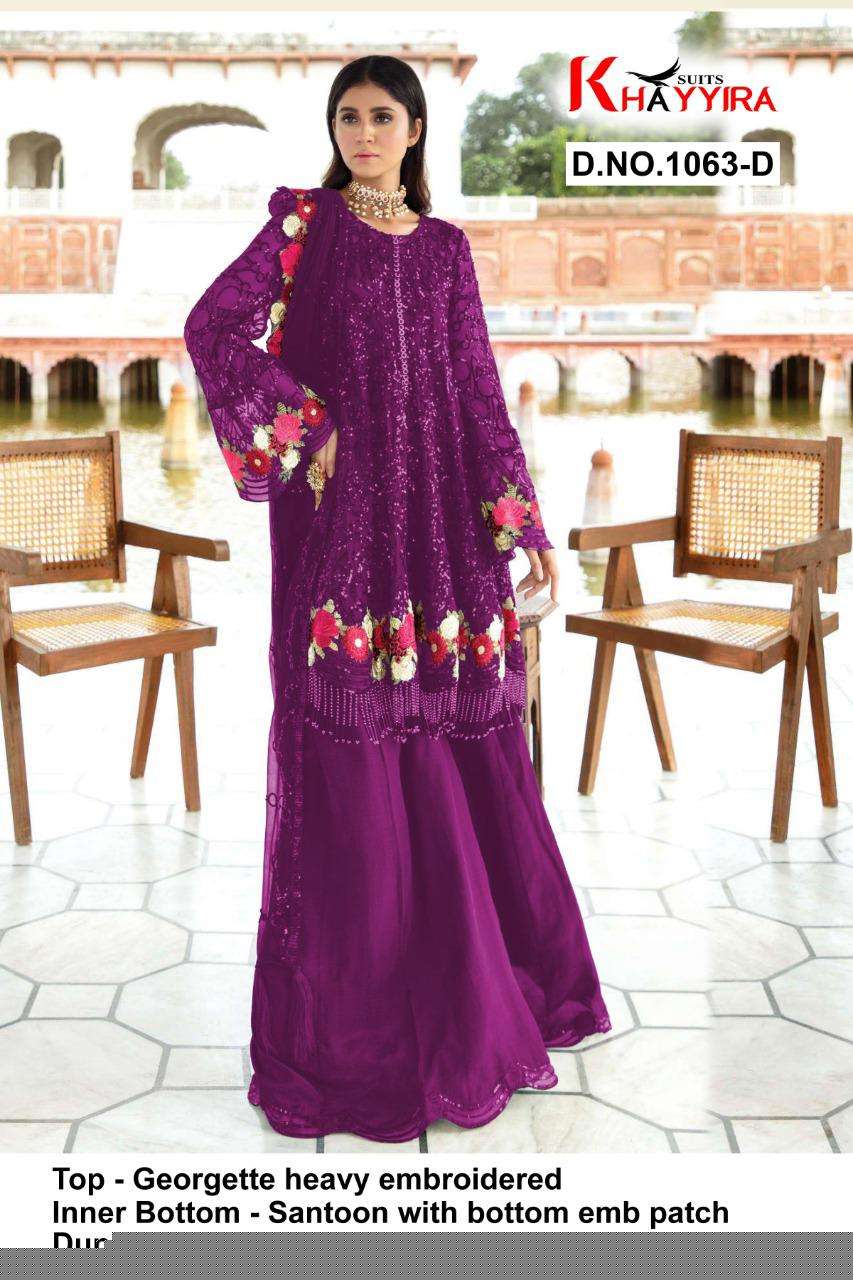 ELEONORA 1063 COLOURS BY KHAYYIRA 1063-A TO 1063-D SERIES BEAUTIFUL PAKISTANI SUITS COLORFUL STYLISH FANCY CASUAL WEAR & ETHNIC WEAR HEAVY GEORGETTE EMBROIDERED DRESSES AT WHOLESALE PRICE