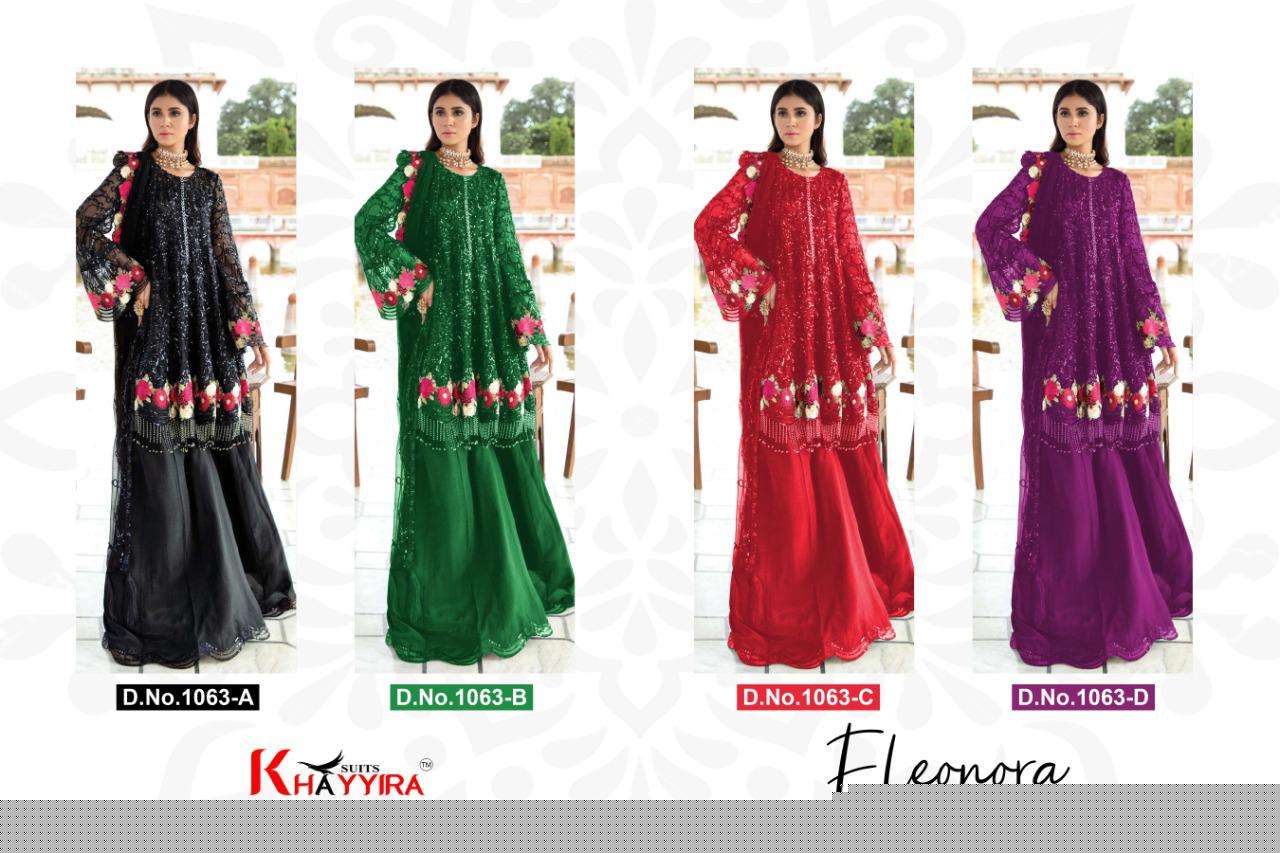 ELEONORA 1063 COLOURS BY KHAYYIRA 1063-A TO 1063-D SERIES BEAUTIFUL PAKISTANI SUITS COLORFUL STYLISH FANCY CASUAL WEAR & ETHNIC WEAR HEAVY GEORGETTE EMBROIDERED DRESSES AT WHOLESALE PRICE
