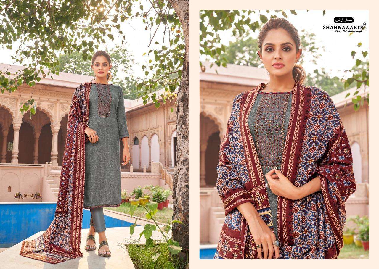 PATOLA BY SHAHNAZ ARTS 5001 TO 5008 SERIES DESIGNER SUITS COLLECTION BEAUTIFUL STYLISH FANCY COLORFUL PARTY WEAR & OCCASIONAL WEAR HEAVY PASHMINA PRINTED WITH EMBROIDERED DRESSES AT WHOLESALE PRICE
