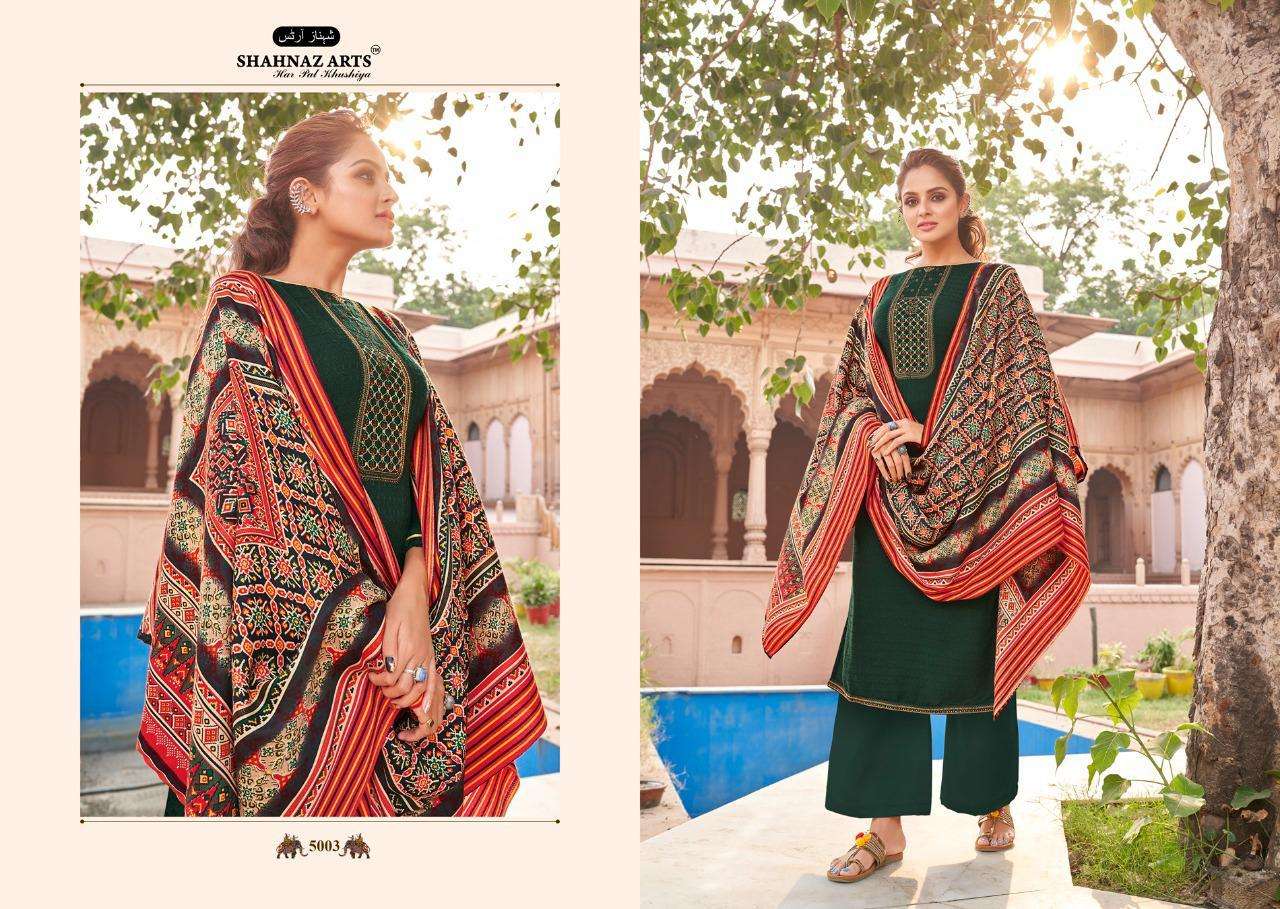 PATOLA BY SHAHNAZ ARTS 5001 TO 5008 SERIES DESIGNER SUITS COLLECTION BEAUTIFUL STYLISH FANCY COLORFUL PARTY WEAR & OCCASIONAL WEAR HEAVY PASHMINA PRINTED WITH EMBROIDERED DRESSES AT WHOLESALE PRICE