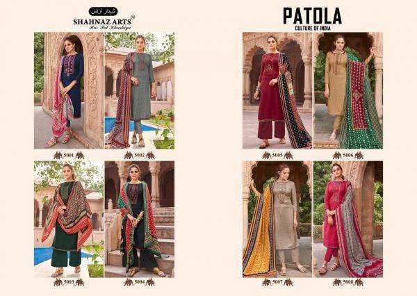 PATOLA BY SHAHNAZ ARTS 5001 TO 5008 SERIES DESIGNER SUITS COLLECTION BEAUTIFUL STYLISH FANCY COLORFUL PARTY WEAR & OCCASIONAL WEAR HEAVY PASHMINA PRINTED WITH EMBROIDERED DRESSES AT WHOLESALE PRICE