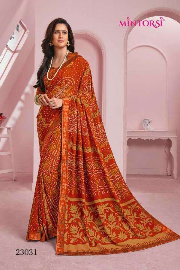 MIRANGI COLOUR BY MINTORSI 23031 TO 23034 SERIES INDIAN TRADITIONAL WEAR COLLECTION BEAUTIFUL STYLISH FANCY COLORFUL PARTY WEAR & OCCASIONAL WEAR SOFT GEORGETTE PRINTED SAREES AT WHOLESALE PRICE