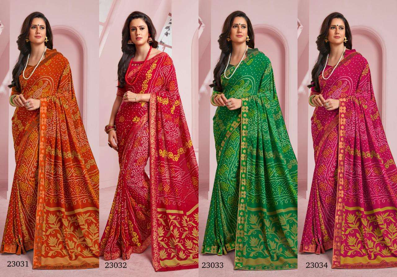 MIRANGI COLOUR BY MINTORSI 23031 TO 23034 SERIES INDIAN TRADITIONAL WEAR COLLECTION BEAUTIFUL STYLISH FANCY COLORFUL PARTY WEAR & OCCASIONAL WEAR SOFT GEORGETTE PRINTED SAREES AT WHOLESALE PRICE