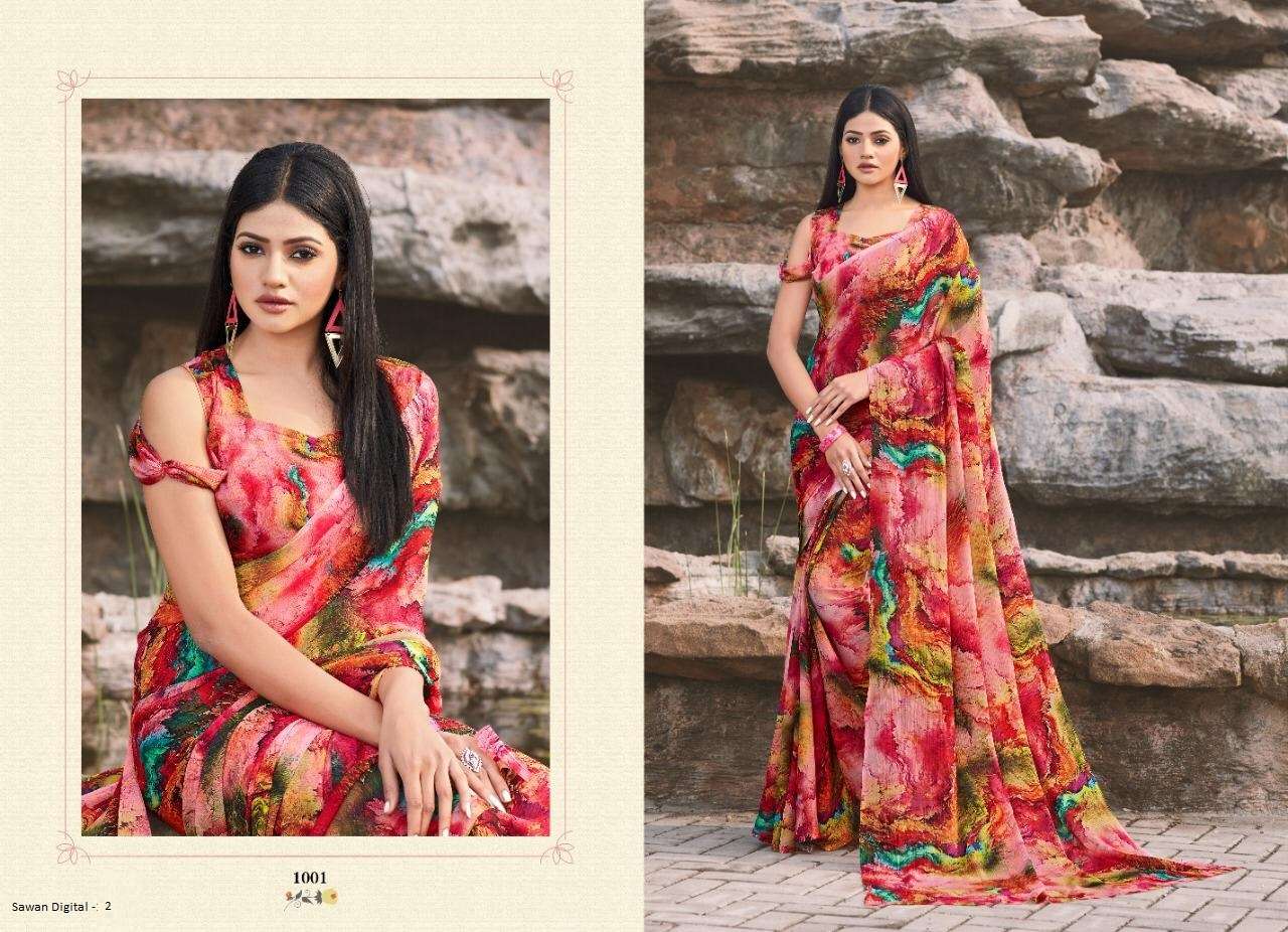 SAWAN DIGITAL VOL-2 BY SHREE MATARAM 1001 TO 1009 SERIES INDIAN TRADITIONAL WEAR COLLECTION BEAUTIFUL STYLISH FANCY COLORFUL PARTY WEAR & OCCASIONAL WEAR SOFT BUTTER CHIFFON DIGITAL PRINTED SAREES AT WHOLESALE PRICE
