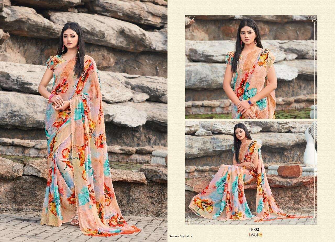 SAWAN DIGITAL VOL-2 BY SHREE MATARAM 1001 TO 1009 SERIES INDIAN TRADITIONAL WEAR COLLECTION BEAUTIFUL STYLISH FANCY COLORFUL PARTY WEAR & OCCASIONAL WEAR SOFT BUTTER CHIFFON DIGITAL PRINTED SAREES AT WHOLESALE PRICE