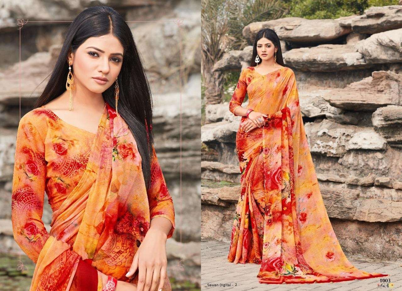 SAWAN DIGITAL VOL-2 BY SHREE MATARAM 1001 TO 1009 SERIES INDIAN TRADITIONAL WEAR COLLECTION BEAUTIFUL STYLISH FANCY COLORFUL PARTY WEAR & OCCASIONAL WEAR SOFT BUTTER CHIFFON DIGITAL PRINTED SAREES AT WHOLESALE PRICE