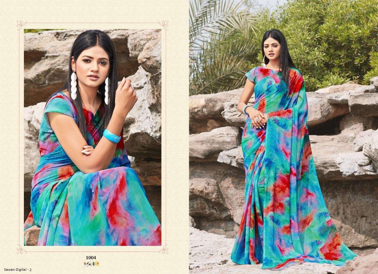 SAWAN DIGITAL VOL-2 BY SHREE MATARAM 1001 TO 1009 SERIES INDIAN TRADITIONAL WEAR COLLECTION BEAUTIFUL STYLISH FANCY COLORFUL PARTY WEAR & OCCASIONAL WEAR SOFT BUTTER CHIFFON DIGITAL PRINTED SAREES AT WHOLESALE PRICE