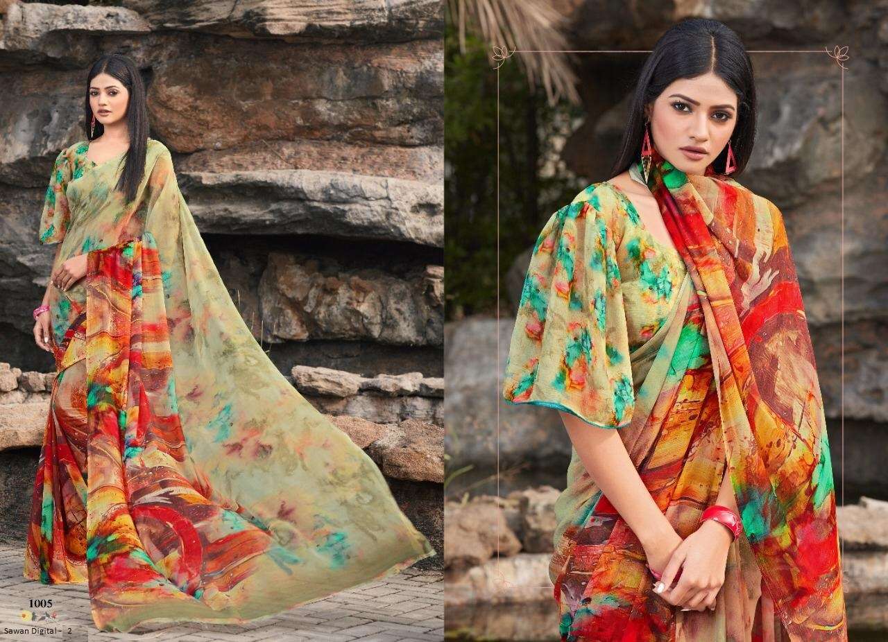 SAWAN DIGITAL VOL-2 BY SHREE MATARAM 1001 TO 1009 SERIES INDIAN TRADITIONAL WEAR COLLECTION BEAUTIFUL STYLISH FANCY COLORFUL PARTY WEAR & OCCASIONAL WEAR SOFT BUTTER CHIFFON DIGITAL PRINTED SAREES AT WHOLESALE PRICE
