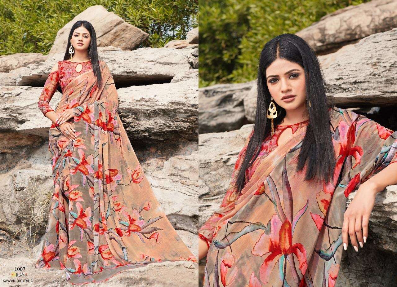 SAWAN DIGITAL VOL-2 BY SHREE MATARAM 1001 TO 1009 SERIES INDIAN TRADITIONAL WEAR COLLECTION BEAUTIFUL STYLISH FANCY COLORFUL PARTY WEAR & OCCASIONAL WEAR SOFT BUTTER CHIFFON DIGITAL PRINTED SAREES AT WHOLESALE PRICE