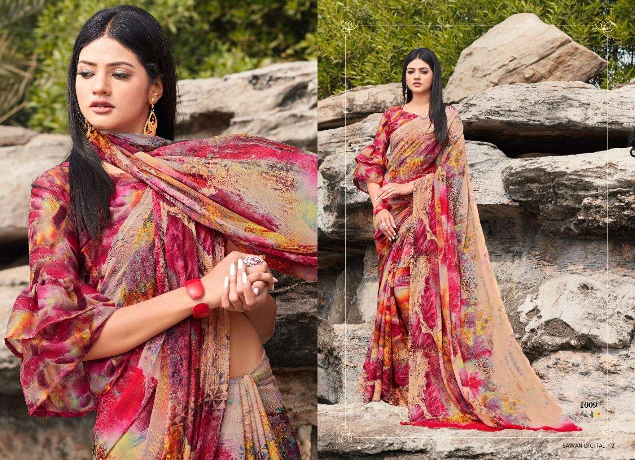 SAWAN DIGITAL VOL-2 BY SHREE MATARAM 1001 TO 1009 SERIES INDIAN TRADITIONAL WEAR COLLECTION BEAUTIFUL STYLISH FANCY COLORFUL PARTY WEAR & OCCASIONAL WEAR SOFT BUTTER CHIFFON DIGITAL PRINTED SAREES AT WHOLESALE PRICE