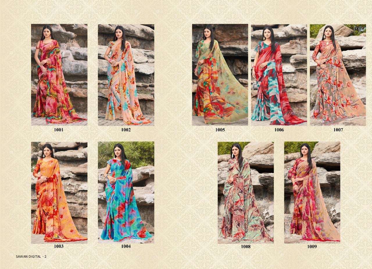 SAWAN DIGITAL VOL-2 BY SHREE MATARAM 1001 TO 1009 SERIES INDIAN TRADITIONAL WEAR COLLECTION BEAUTIFUL STYLISH FANCY COLORFUL PARTY WEAR & OCCASIONAL WEAR SOFT BUTTER CHIFFON DIGITAL PRINTED SAREES AT WHOLESALE PRICE