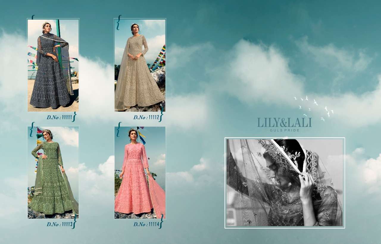 LILY AND LALI BY ARDHANGINI 11111 TO 11114 SERIES STYLISH FANCY BEAUTIFUL COLORFUL CASUAL WEAR & ETHNIC WEAR BUTTERFLY NET EMBROIDERED GOWNS WITH DUPATTA AT WHOLESALE PRICE