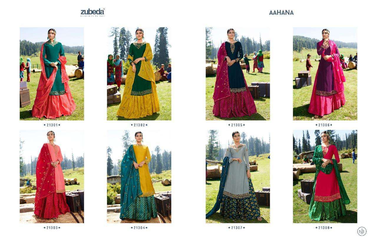 AAHANA BY ZUBEDA 21301 TO 21308 SERIES BEAUTIFUL PAKISTANI SUITS COLORFUL STYLISH FANCY CASUAL WEAR & ETHNIC WEAR SATIN GEORGETTE WITH EMBROIDERY DRESSES AT WHOLESALE PRICE