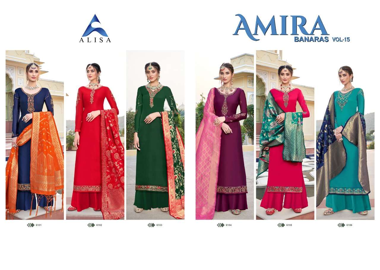 AMIRA VOL-15 BY ALISA 1601 TO 1606 SERIES BEAUTIFUL PAKISTANI SUITS COLORFUL STYLISH FANCY CASUAL WEAR & ETHNIC WEAR SATIN GEORGETTE WITH WORK DRESSES AT WHOLESALE PRICE