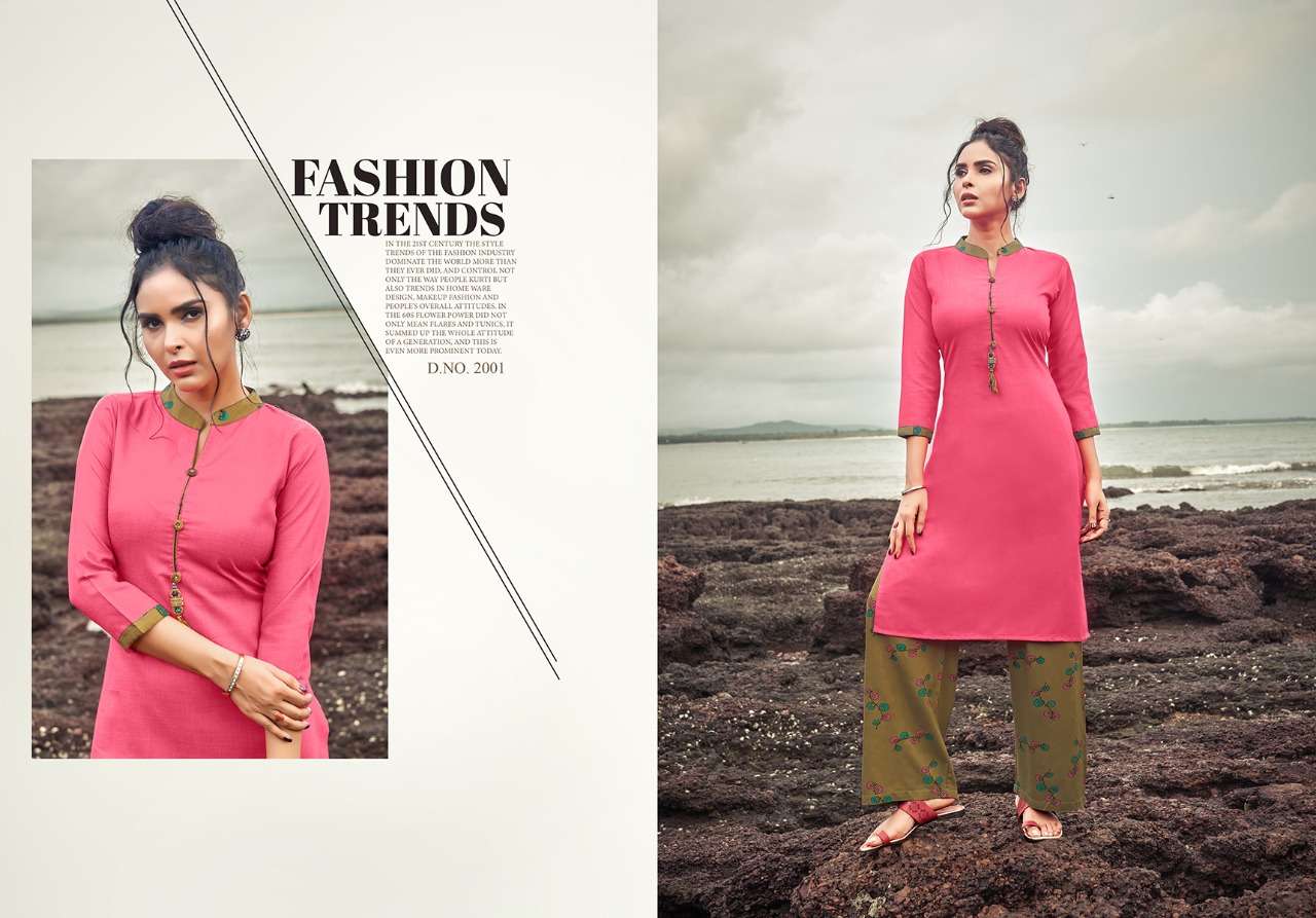 NITISHA PLAZO VOL-2 BY NTISHA NX 2001 TO 2005 SERIES STYLISH FANCY BEAUTIFUL COLORFUL CASUAL WEAR & ETHNIC WEAR SOFT COTTON SLUB KURTIS WITH BOTTOM AT WHOLESALE PRICE