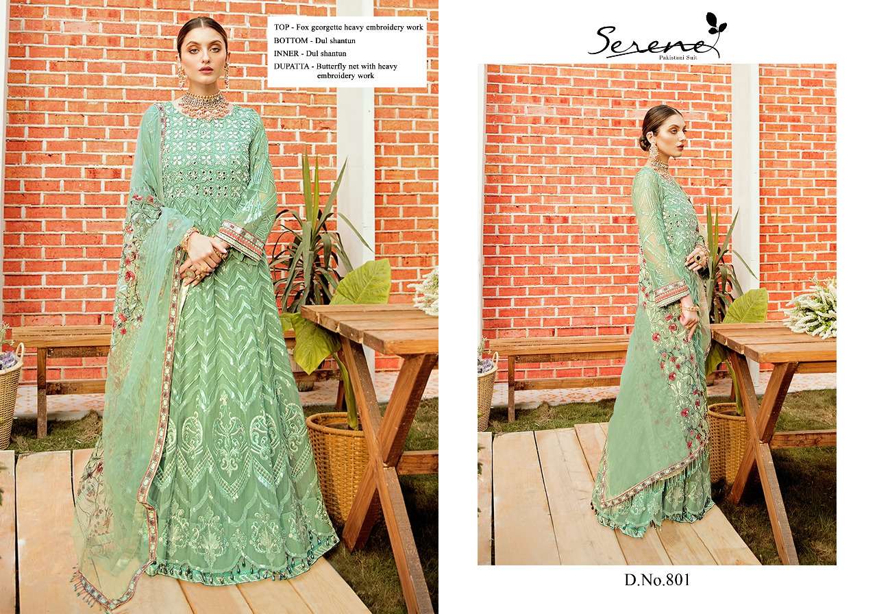 SERENE BY MEGHA EXPORTS 801 TO 805 SERIES PAKISTANI SUITS BEAUTIFUL FANCY COLORFUL STYLISH PARTY WEAR & OCCASIONAL WEAR FAUX GEORGETTE WITH EMBROIDERY DRESSES AT WHOLESALE PRICE