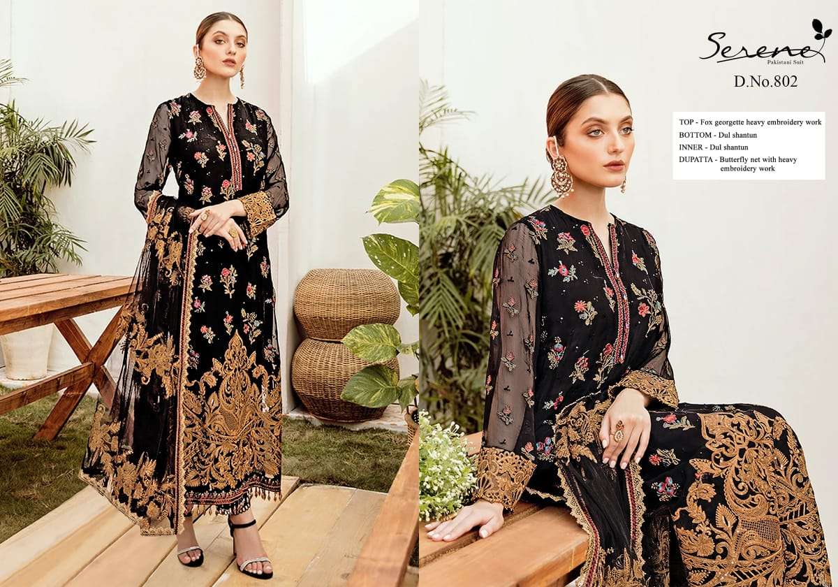 SERENE BY MEGHA EXPORTS 801 TO 805 SERIES PAKISTANI SUITS BEAUTIFUL FANCY COLORFUL STYLISH PARTY WEAR & OCCASIONAL WEAR FAUX GEORGETTE WITH EMBROIDERY DRESSES AT WHOLESALE PRICE