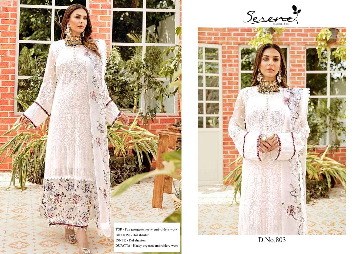 SERENE BY MEGHA EXPORTS 801 TO 805 SERIES PAKISTANI SUITS BEAUTIFUL FANCY COLORFUL STYLISH PARTY WEAR & OCCASIONAL WEAR FAUX GEORGETTE WITH EMBROIDERY DRESSES AT WHOLESALE PRICE