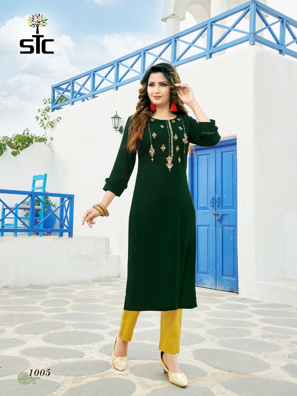 GLORIOUS BY STC 1001 TO 1005 SERIES BEAUTIFUL STYLISH FANCY COLORFUL CASUAL WEAR & ETHNIC WEAR & READY TO WEAR RAYON WORKED KURTIS WITH BOTTOM AT WHOLESALE PRICE
