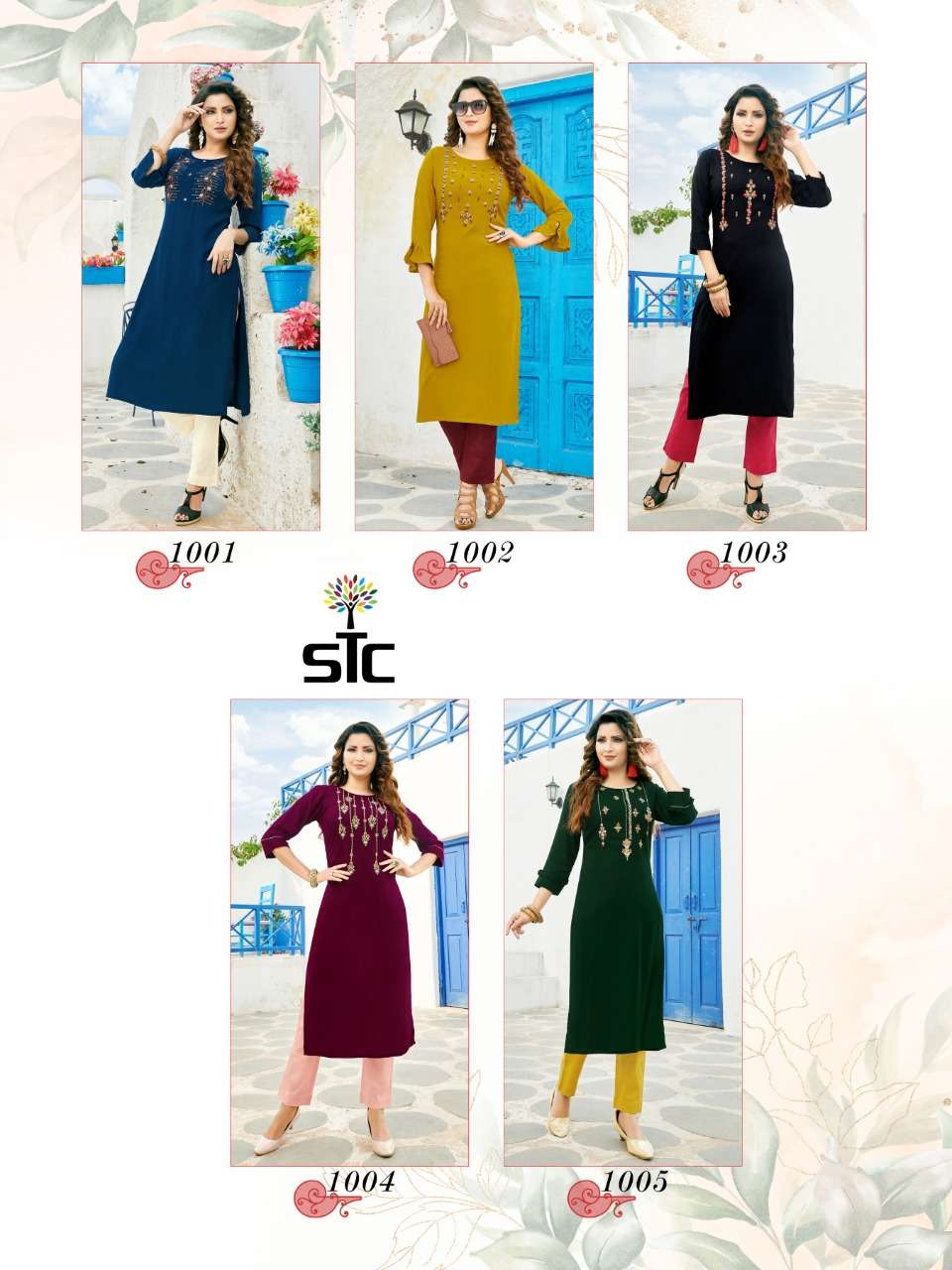 GLORIOUS BY STC 1001 TO 1005 SERIES BEAUTIFUL STYLISH FANCY COLORFUL CASUAL WEAR & ETHNIC WEAR & READY TO WEAR RAYON WORKED KURTIS WITH BOTTOM AT WHOLESALE PRICE