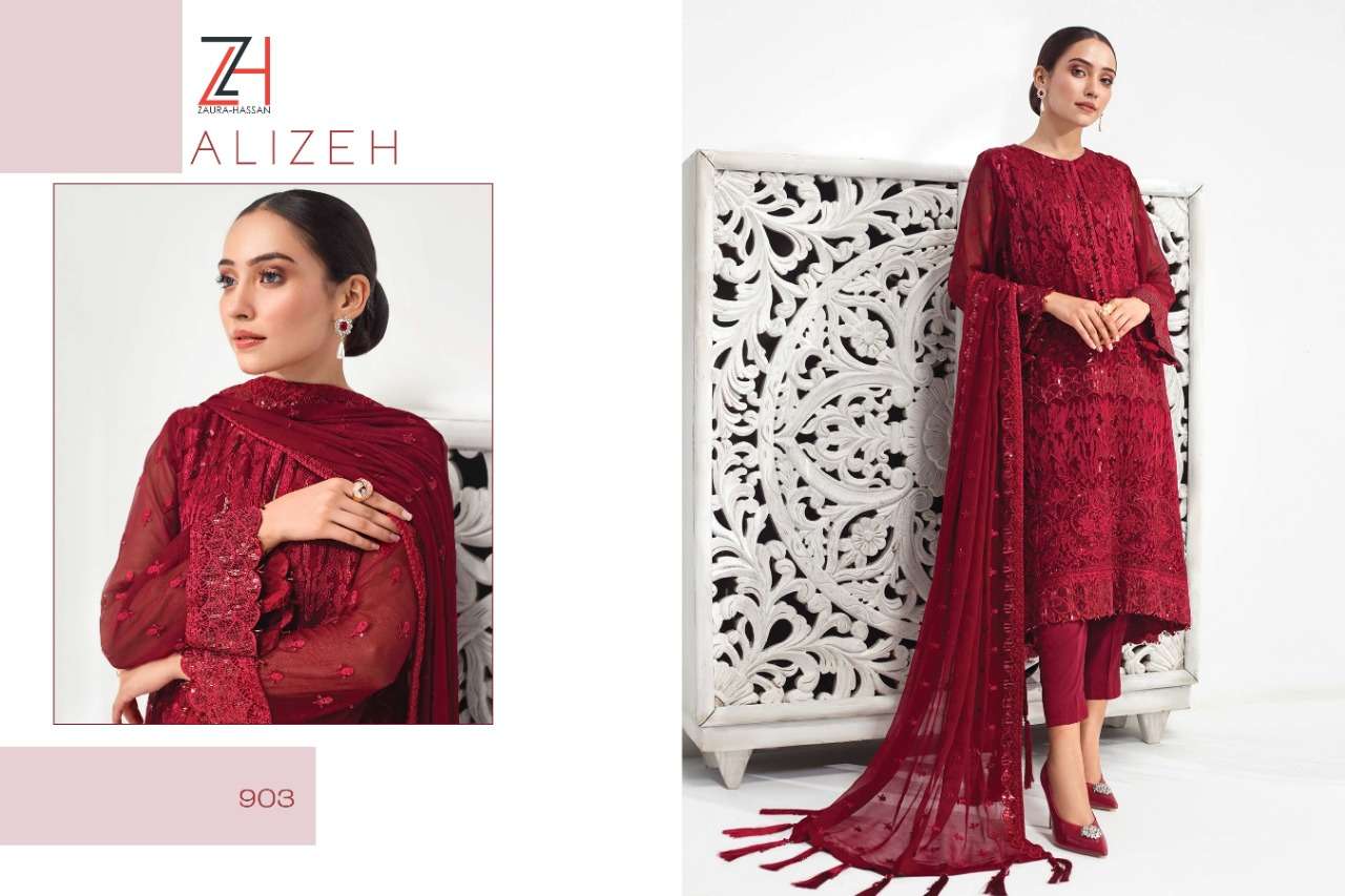 ALIZEH BY ZAURA HASSAN 900 TO 904 SERIES DESIGNER COLLECTION SUITS BEAUTIFUL STYLISH FANCY COLORFUL PARTY WEAR & OCCASIONAL WEAR FAUX GEORGETTE EMBROIDERY DRESSES AT WHOLESALE PRICE