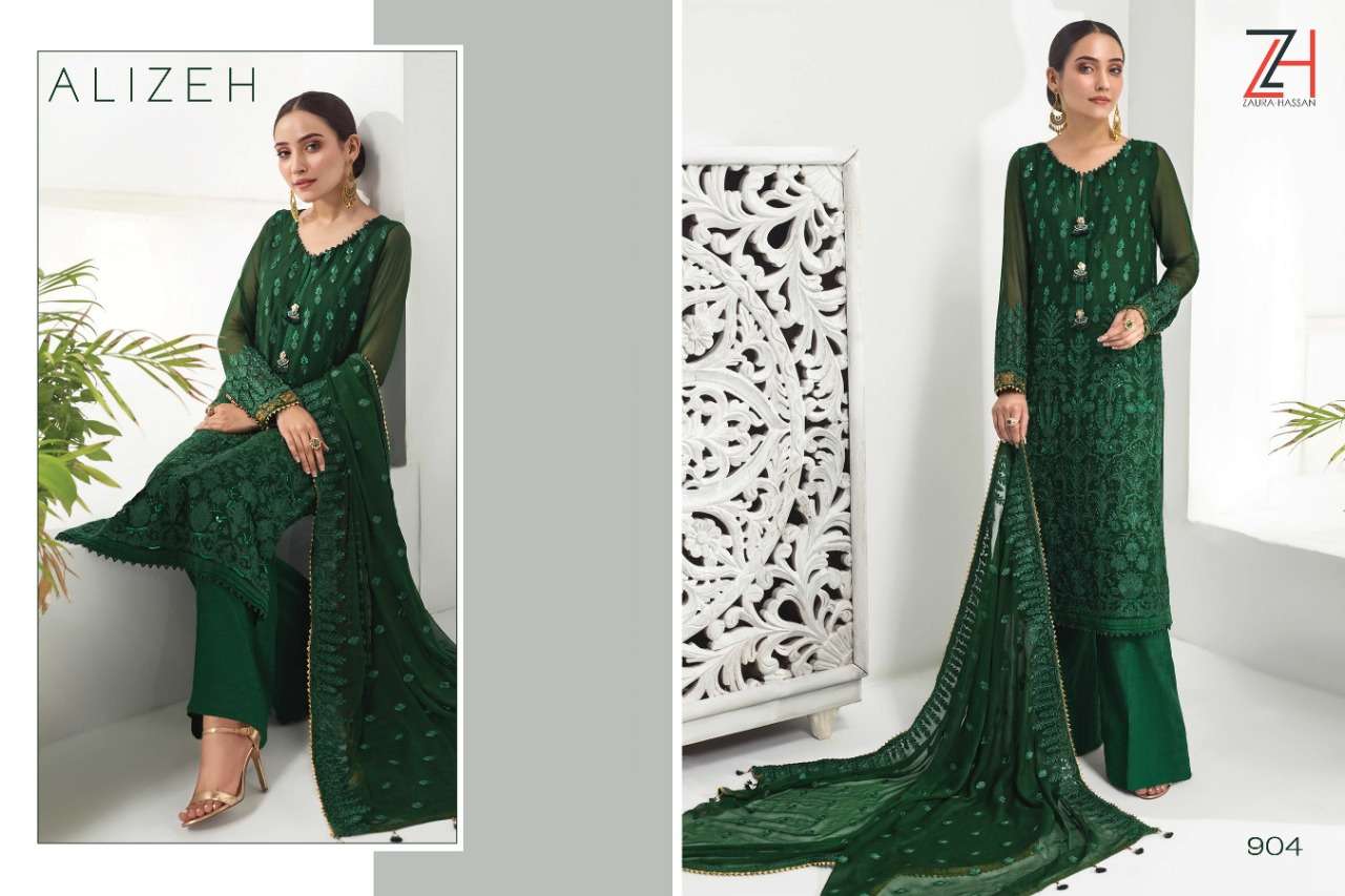 ALIZEH BY ZAURA HASSAN 900 TO 904 SERIES DESIGNER COLLECTION SUITS BEAUTIFUL STYLISH FANCY COLORFUL PARTY WEAR & OCCASIONAL WEAR FAUX GEORGETTE EMBROIDERY DRESSES AT WHOLESALE PRICE
