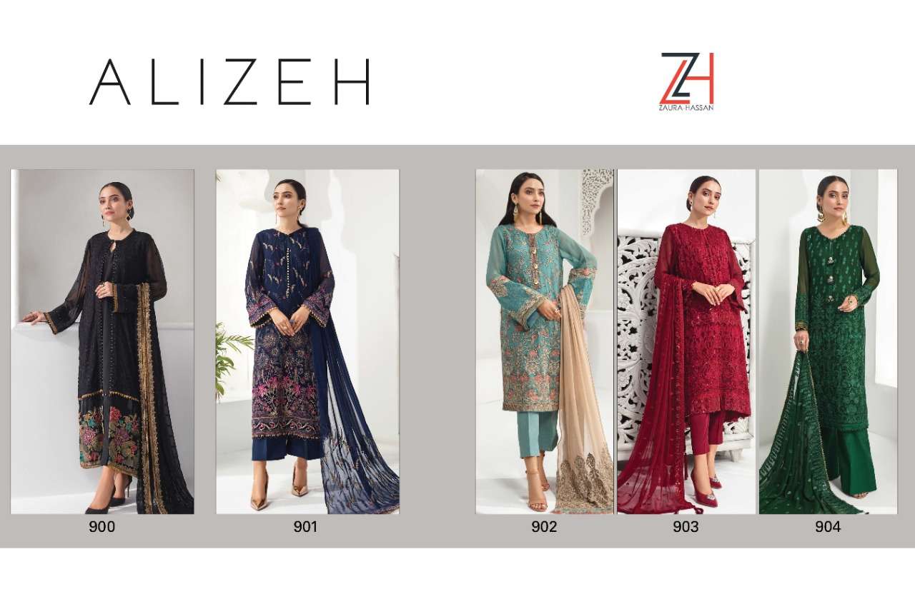 ALIZEH BY ZAURA HASSAN 900 TO 904 SERIES DESIGNER COLLECTION SUITS BEAUTIFUL STYLISH FANCY COLORFUL PARTY WEAR & OCCASIONAL WEAR FAUX GEORGETTE EMBROIDERY DRESSES AT WHOLESALE PRICE