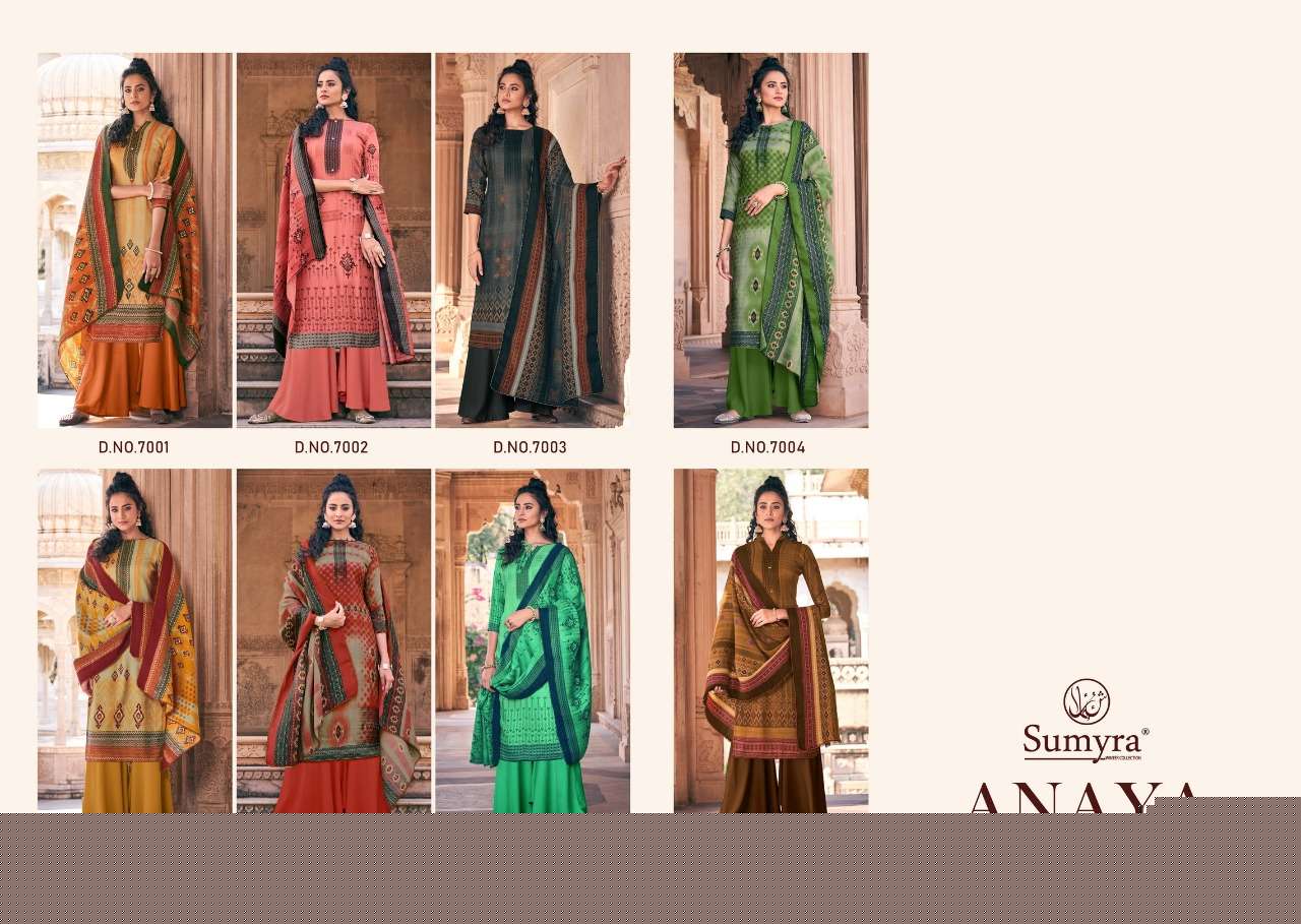 ANAYA BY SUMYRA FASHION 7001 TO 7008 SERIES DESIGNER COLLECTION SUITS BEAUTIFUL STYLISH FANCY COLORFUL PARTY WEAR & OCCASIONAL WEAR PURE PASHMINA DIGITAL PRINTED DRESSES AT WHOLESALE PRICE