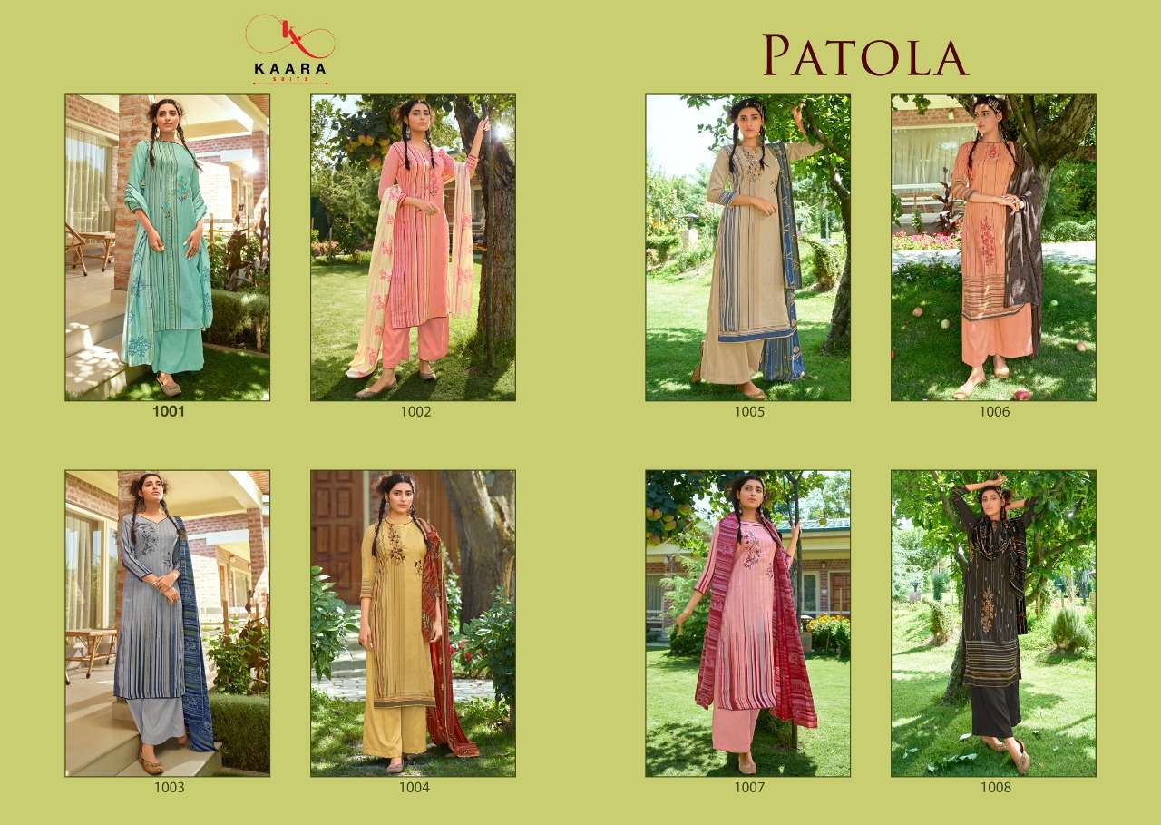 PATOLA BY KAARA SUITS 1001 TO 1008 SERIES BEAUTIFUL COLORFUL STYLISH PRETTY PARTY WEAR CASUAL WEAR OCCASIONAL WEAR SELF WOVEN PASHMINA PRINTED WITH EMBROIDERY DRESSES AT WHOLESALE PRICE