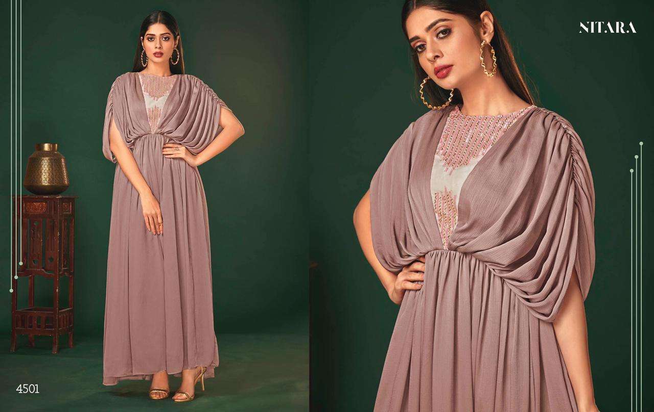 NYX BY NITARA 4501 TO 4505 SERIES DESIGNER BEAUTIFUL STYLISH FANCY COLORFUL PARTY WEAR & OCCASIONAL WEAR VARIETY OD ART SILK PRINTED GOWNS AT WHOLESALE PRICE