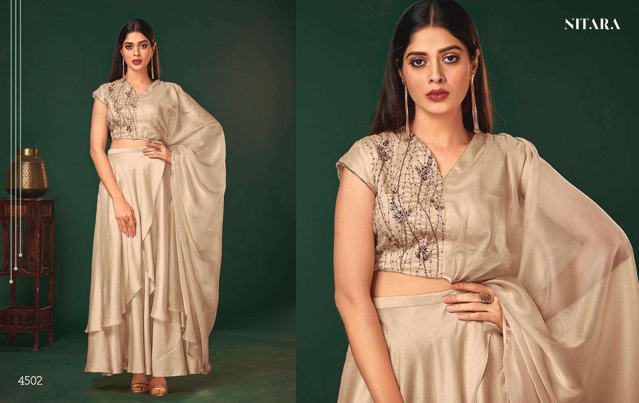 NYX BY NITARA 4501 TO 4505 SERIES DESIGNER BEAUTIFUL STYLISH FANCY COLORFUL PARTY WEAR & OCCASIONAL WEAR VARIETY OD ART SILK PRINTED GOWNS AT WHOLESALE PRICE