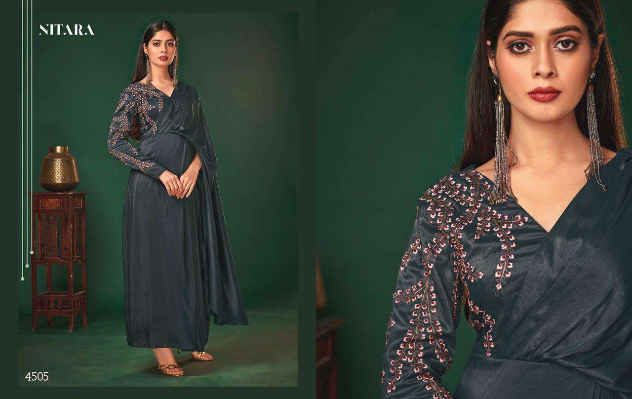 NYX BY NITARA 4501 TO 4505 SERIES DESIGNER BEAUTIFUL STYLISH FANCY COLORFUL PARTY WEAR & OCCASIONAL WEAR VARIETY OD ART SILK PRINTED GOWNS AT WHOLESALE PRICE