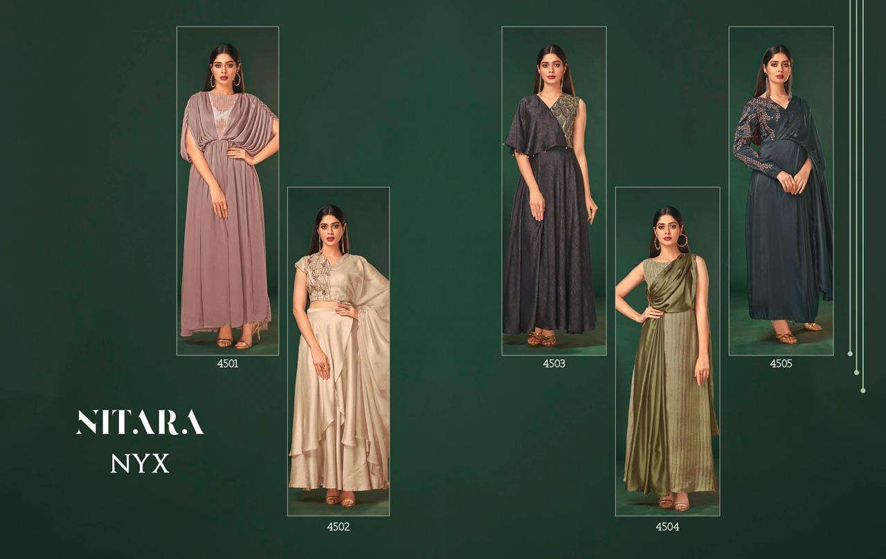NYX BY NITARA 4501 TO 4505 SERIES DESIGNER BEAUTIFUL STYLISH FANCY COLORFUL PARTY WEAR & OCCASIONAL WEAR VARIETY OD ART SILK PRINTED GOWNS AT WHOLESALE PRICE