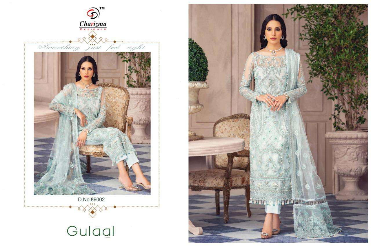 GULAAL BY CHARIZMA DESIGNER 89001 TO 89004 SERIES PAKISTANI SUITS BEAUTIFUL FANCY COLORFUL STYLISH PARTY WEAR & OCCASIONAL WEAR HEAVY NET WITH EMBROIDERY DRESSES AT WHOLESALE PRICE