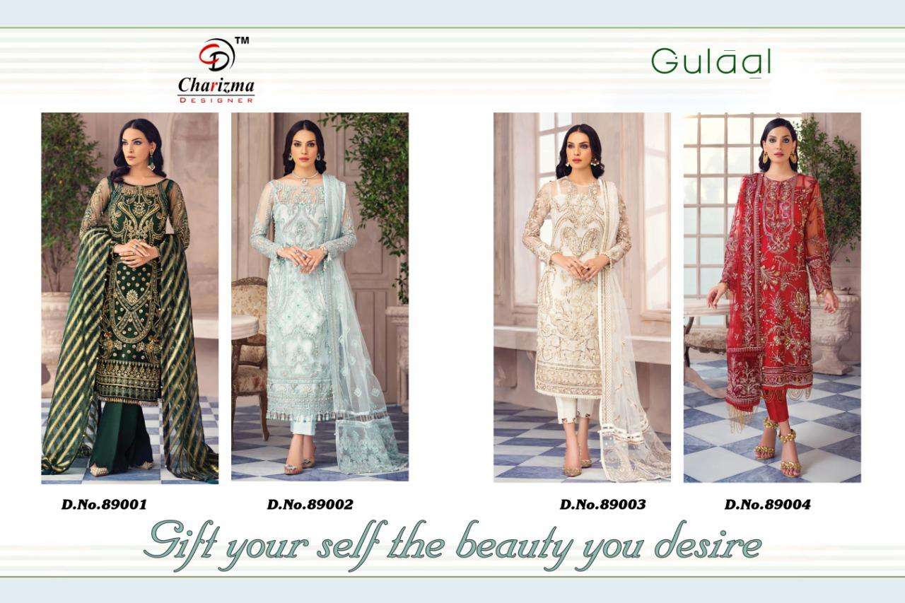 GULAAL BY CHARIZMA DESIGNER 89001 TO 89004 SERIES PAKISTANI SUITS BEAUTIFUL FANCY COLORFUL STYLISH PARTY WEAR & OCCASIONAL WEAR HEAVY NET WITH EMBROIDERY DRESSES AT WHOLESALE PRICE
