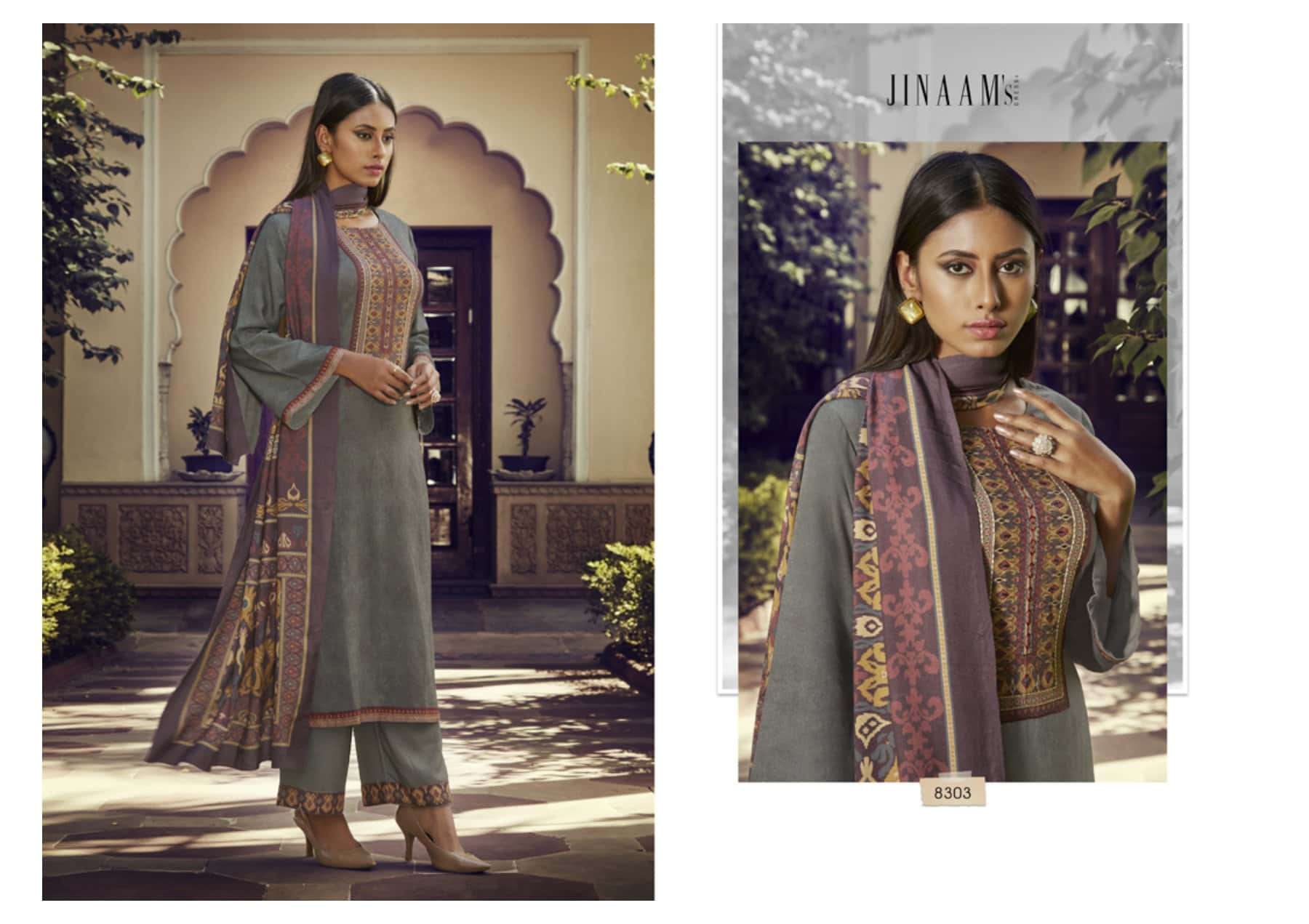 IKKAT BY JINAAM DRESSES 8303 TO 8307 SERIES DESIGNER SUITS BEAUTIFUL STYLISH FANCY COLORFUL PARTY WEAR & OCCASIONAL WEAR STAPLE PASHMINA DRESSES AT WHOLESALE PRICE