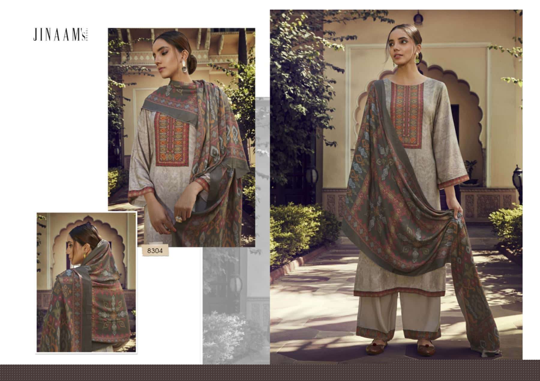IKKAT BY JINAAM DRESSES 8303 TO 8307 SERIES DESIGNER SUITS BEAUTIFUL STYLISH FANCY COLORFUL PARTY WEAR & OCCASIONAL WEAR STAPLE PASHMINA DRESSES AT WHOLESALE PRICE