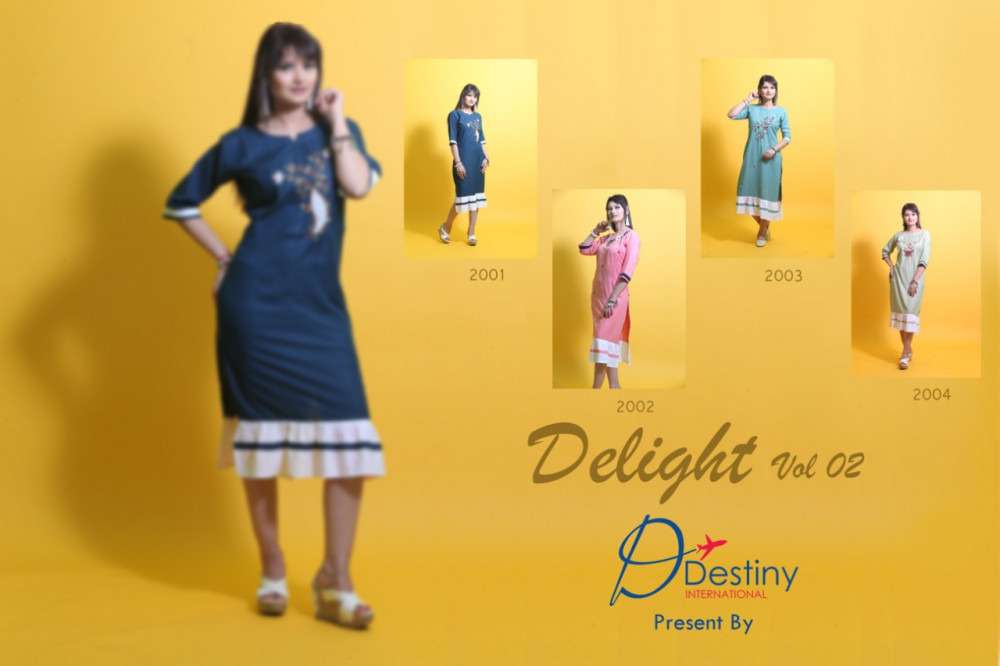 DELIGHT VOL-2 BY DESTINY INTERNATIONAL 2001 TO 2004 SERIES DESIGNER BEAUTIFUL STYLISH FANCY COLORFUL CASUAL WEAR & ETHNIC WEAR HEAVY 17 KG RAYON KURTIS AT WHOLESALE PRICE