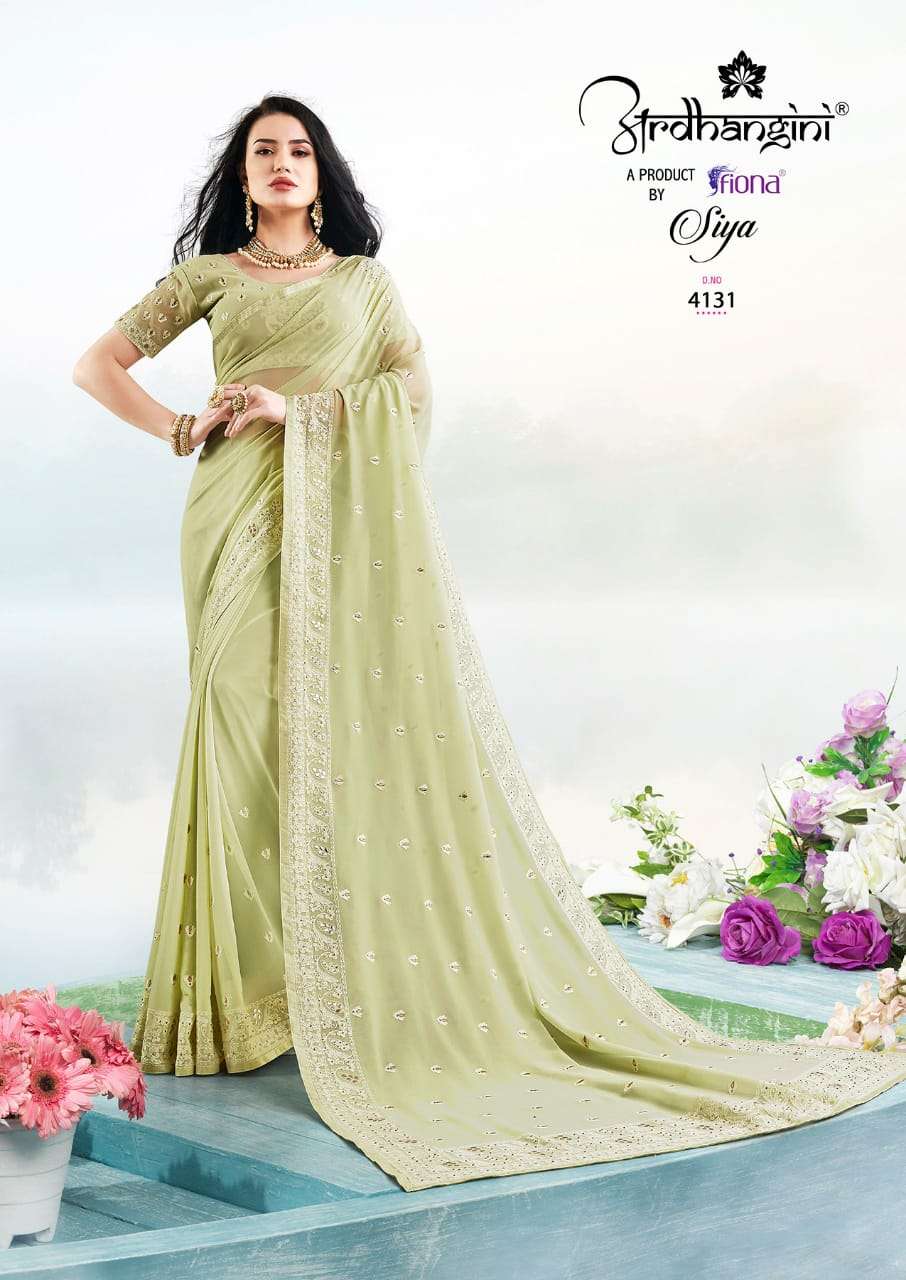 SIYA BY ARDHANGINI 4131 TO 4137 SERIES INDIAN TRADITIONAL WEAR COLLECTION BEAUTIFUL STYLISH FANCY COLORFUL PARTY WEAR & OCCASIONAL WEAR GEORGETTE WITH LUCKNOWI WORK SAREES AT WHOLESALE PRICE
