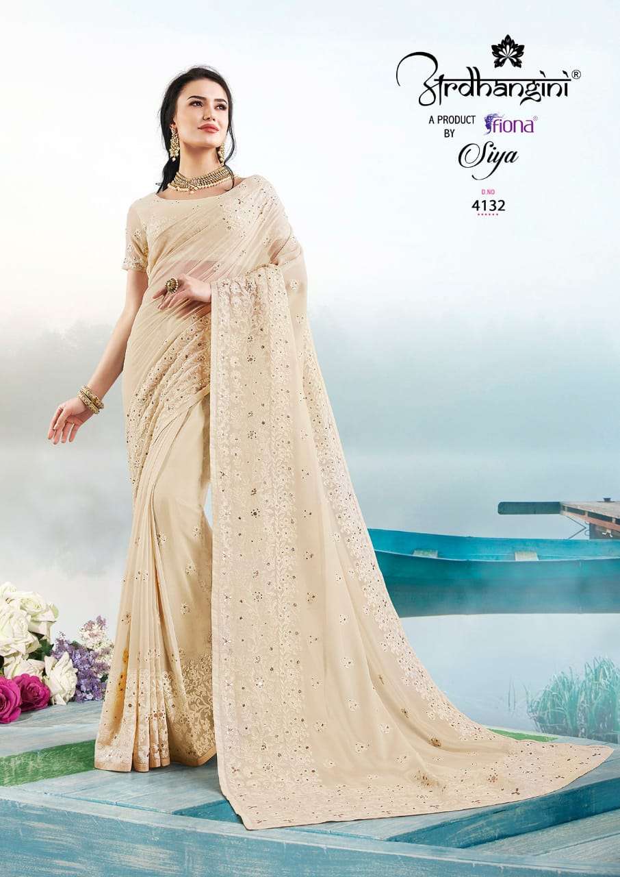 SIYA BY ARDHANGINI 4131 TO 4137 SERIES INDIAN TRADITIONAL WEAR COLLECTION BEAUTIFUL STYLISH FANCY COLORFUL PARTY WEAR & OCCASIONAL WEAR GEORGETTE WITH LUCKNOWI WORK SAREES AT WHOLESALE PRICE