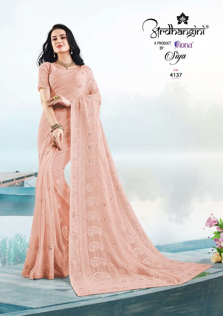 SIYA BY ARDHANGINI 4131 TO 4137 SERIES INDIAN TRADITIONAL WEAR COLLECTION BEAUTIFUL STYLISH FANCY COLORFUL PARTY WEAR & OCCASIONAL WEAR GEORGETTE WITH LUCKNOWI WORK SAREES AT WHOLESALE PRICE