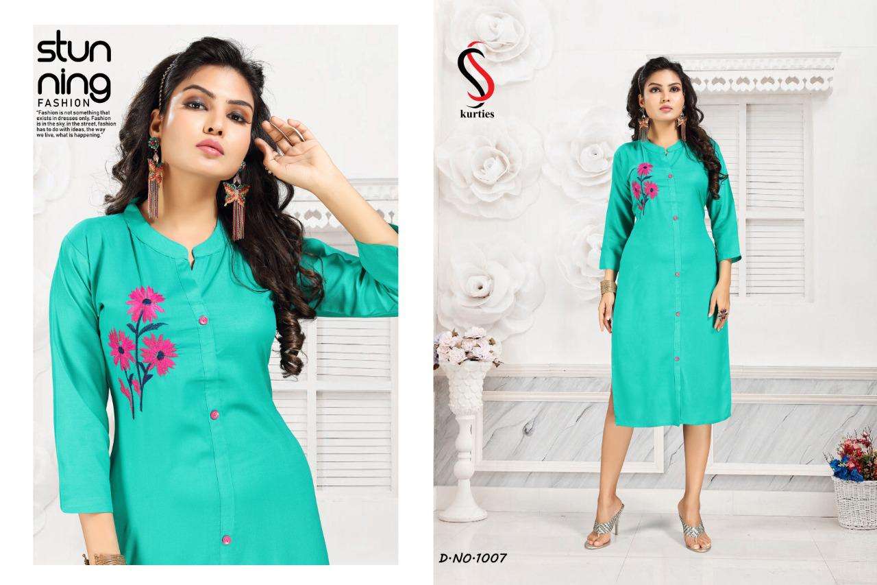 PURVI VOL-4 BY S S KURTIS 1001 TO 1007 SERIES STYLISH FANCY BEAUTIFUL COLORFUL CASUAL WEAR & ETHNIC WEAR RAYON EMBROIDERY KURTIS AT WHOLESALE PRICE