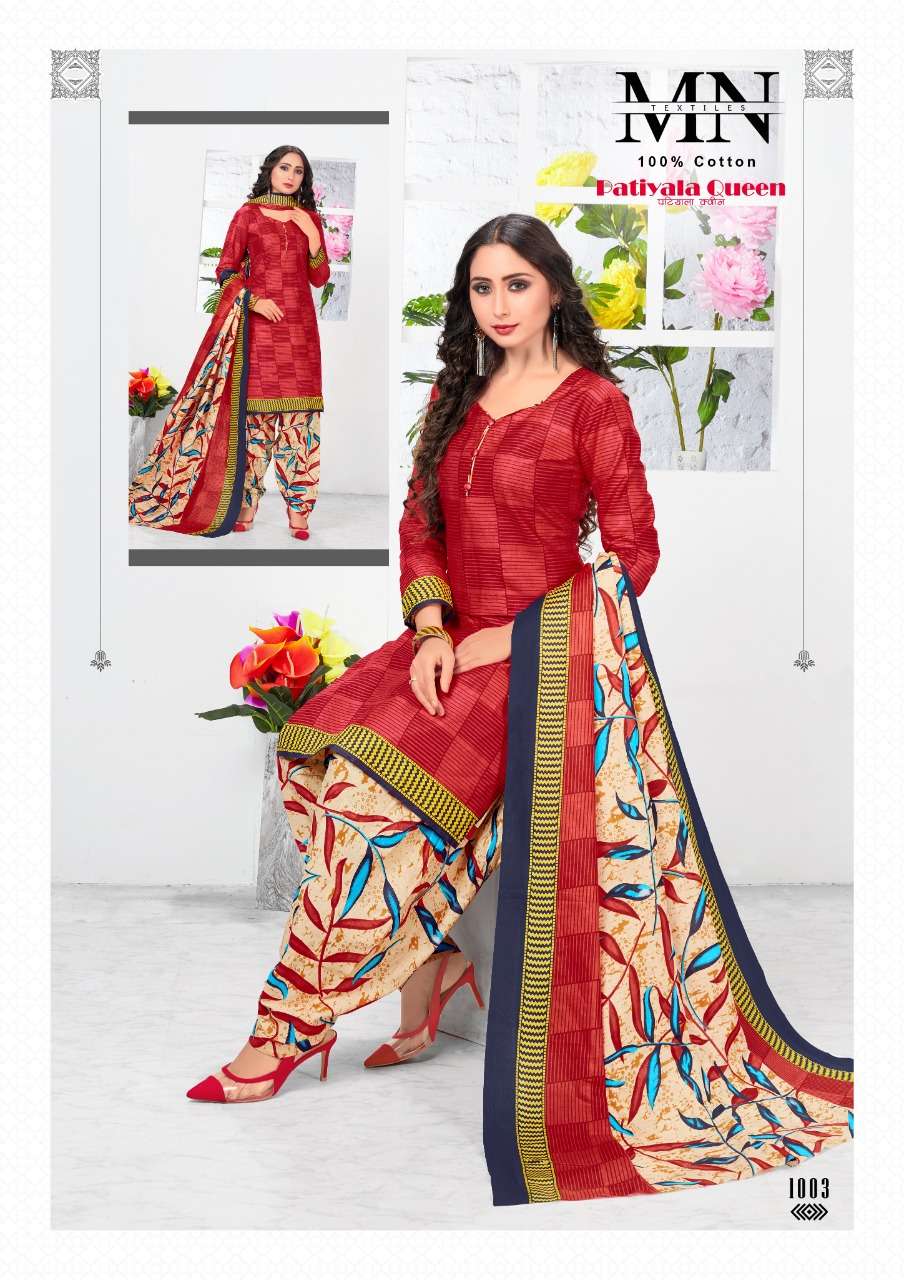 PATIYALA QUEEN BY M N TEXTILE 1001 TO 1010 SERIES SUITS BEAUTIFUL FANCY COLORFUL STYLISH PARTY WEAR & OCCASIONAL WEAR CAMBRIC COTTON PRINTED DRESSES AT WHOLESALE PRICE