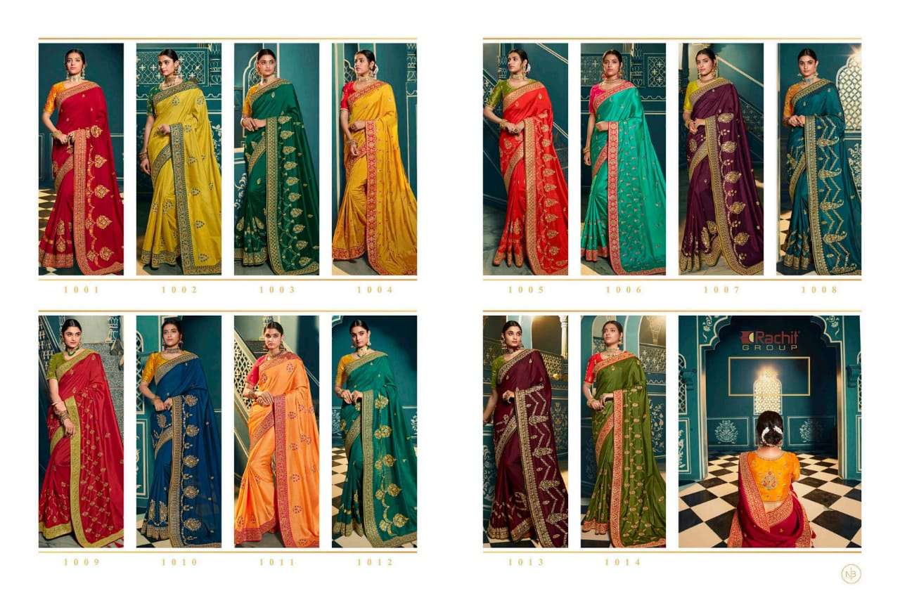 RACHIT 1001 SERIES BY RACHIT 1001 TO 1014 SERIES COLORFUL BEAUTIFUL FANCY PARTY WEAR & TRADITIONAL WEAR SATIN GEORGETTE SAREES AT WHOLESALE PRICE