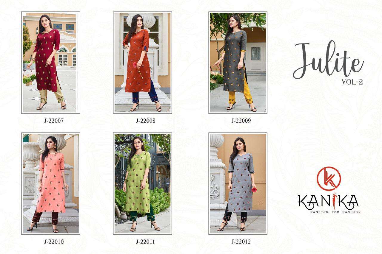 JULITE VOL-2 BY KANIKA 22007 TO 22012 SERIES DESIGNER BEAUTIFUL STYLISH FANCY COLORFUL CASUAL WEAR & ETHNIC WEAR & READY TO WEAR RUBY SLUB WITH EMBROIDERY KURTIS AT WHOLESALE PRICE