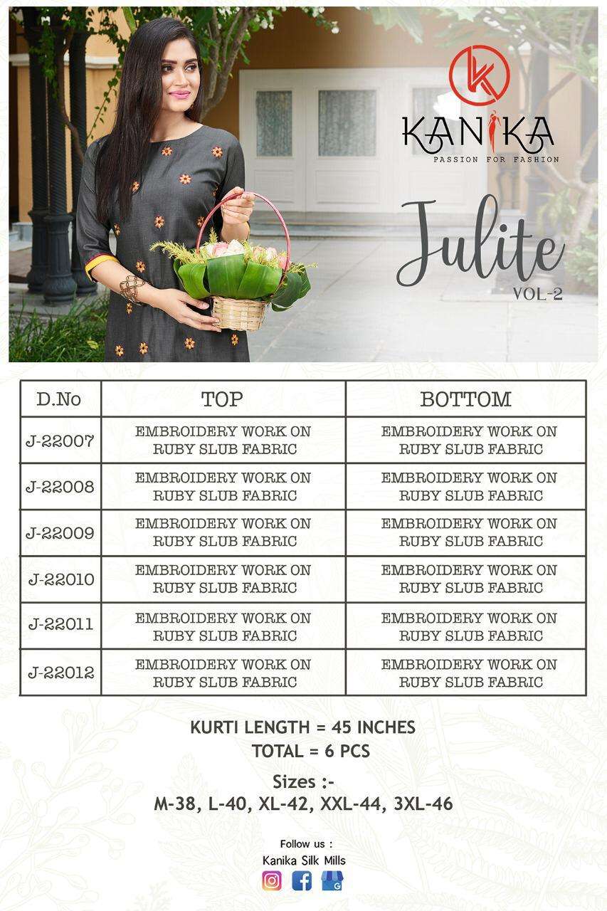 JULITE VOL-2 BY KANIKA 22007 TO 22012 SERIES DESIGNER BEAUTIFUL STYLISH FANCY COLORFUL CASUAL WEAR & ETHNIC WEAR & READY TO WEAR RUBY SLUB WITH EMBROIDERY KURTIS AT WHOLESALE PRICE